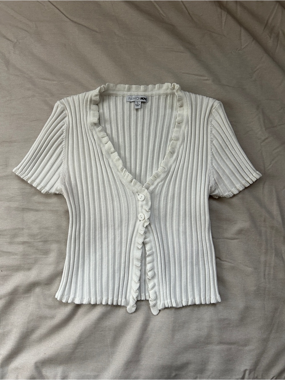 Fashion Nova Cream Ribbed Ruffle-Trim Top